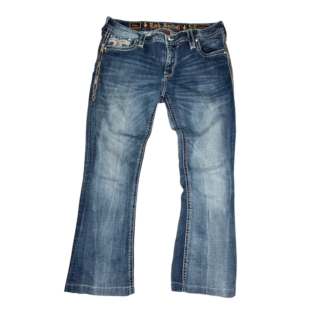 Rock Revival Pilkin Easy Boot Jeans Medium Wash Embroidered Pockets Mens 33